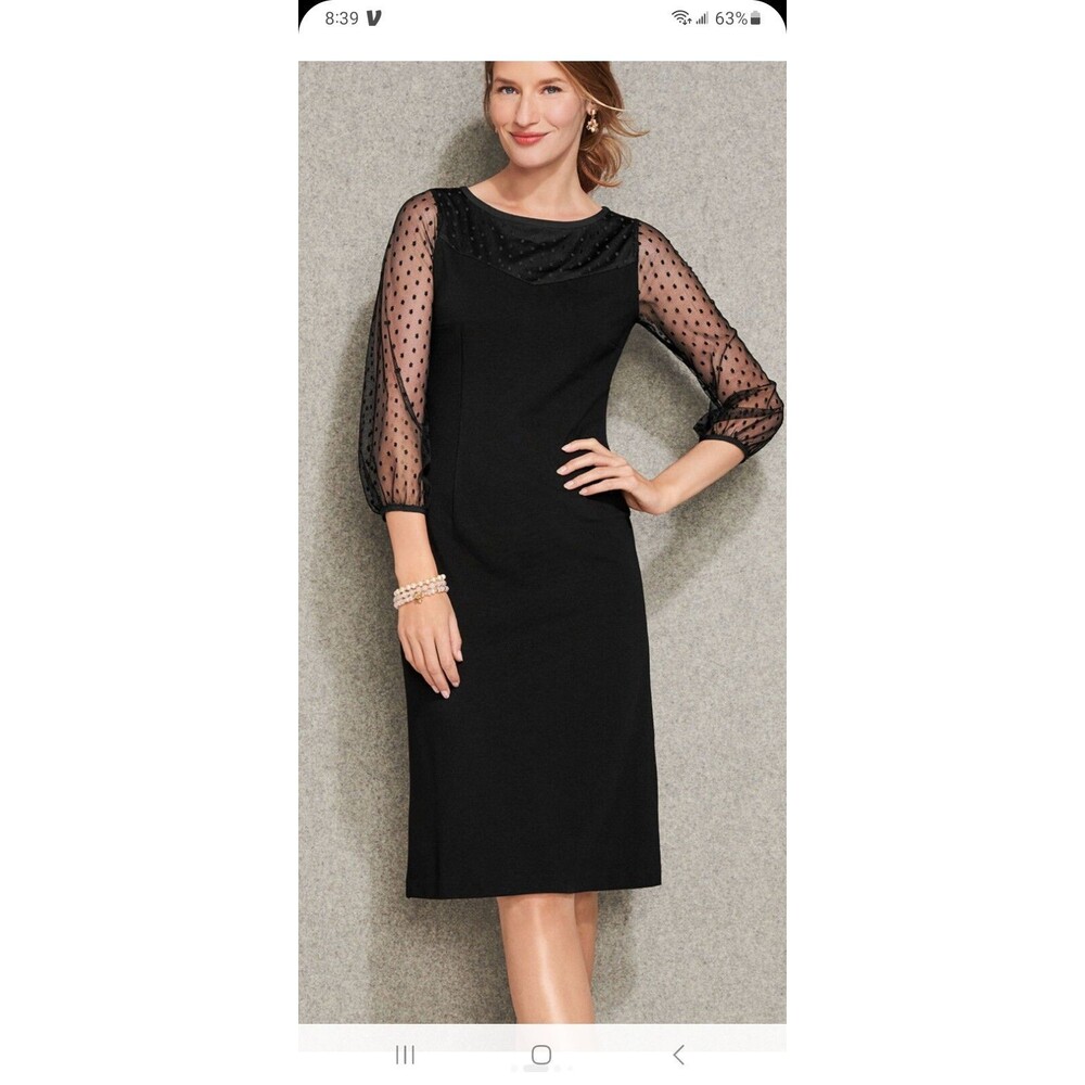 Talbots black ponte mesh dot shift dress 2 sheer long sleeves modest party LBD